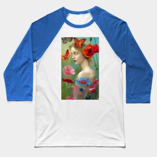 Dreamy Surreal Girl with Pretty Flowers and Poppies Baseball T-Shirt